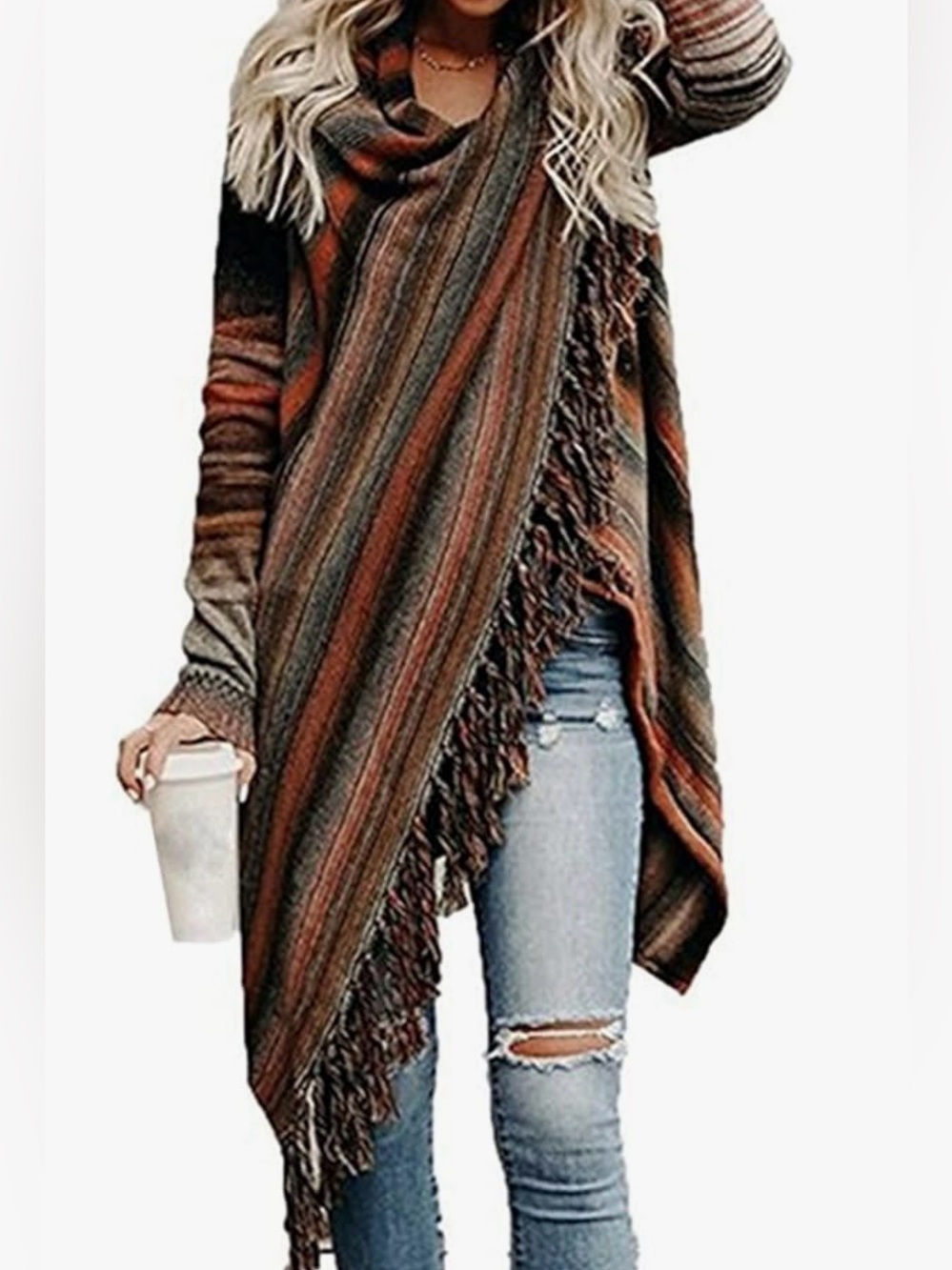 Striped Fringe Asymmetric Sweater Poncho - Brown Multi